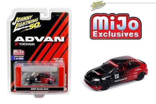 Johnny Lightning 1:64 50th Aniversario – 2000 Honda Civic Advan Yokohama Edición Limitada (Rojo/Negro) – MiJo Exclusives