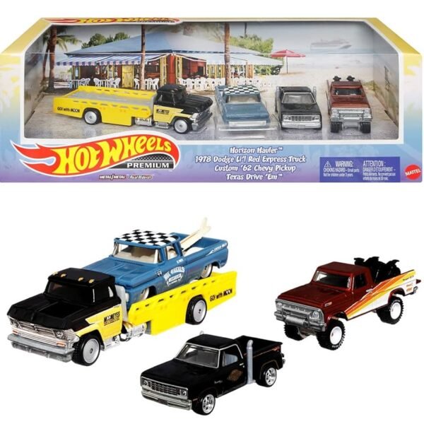 (Pre-venta) Hot Wheels Diorama – 1978 Dodge Li’l Red Express Truck / Custom '62 Chevy Pickup / Texas Drive 'Em / Horizon Hauler