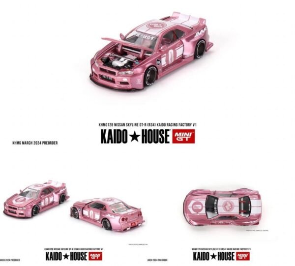 (Pre-venta) Kaido House x Mini GT Nissan GT-R R34 Kaido Racing Factory V1 Pink KHMG128 1/64
